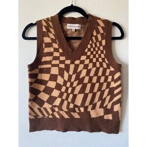 Willow & Wind Brown Wavy Check V Neck Sweater Vest - SIZE S -